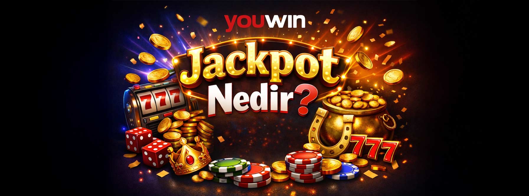 Youwin Jackpot Nedir görseli, slot makinesi, altın paralar, zarlar ve büyük ödül teması