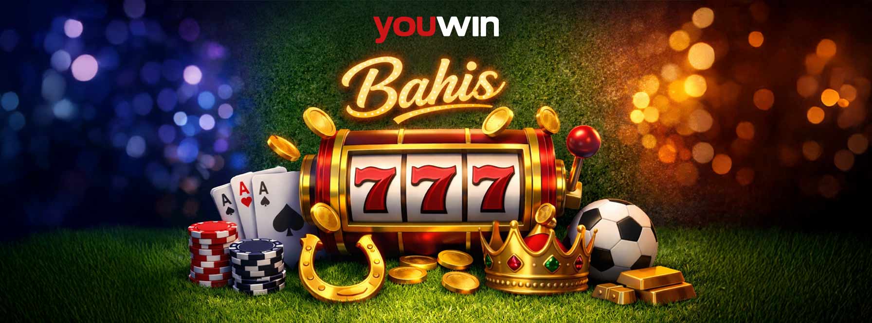 Youwin Bahis görseli, 777 slot makinesi, bahis temalı semboller ve spor objeleri