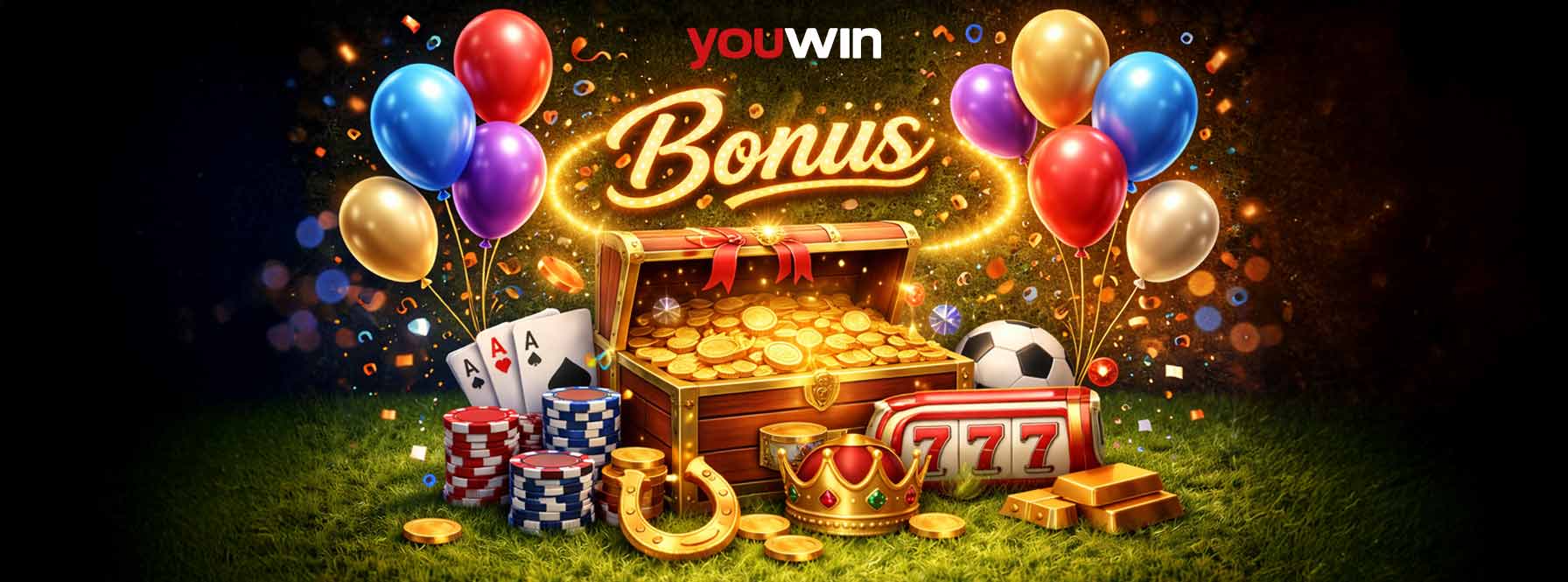 Youwin Bonus görseli, altın dolu sandık, balonlar, çipler ve bonus ödül teması