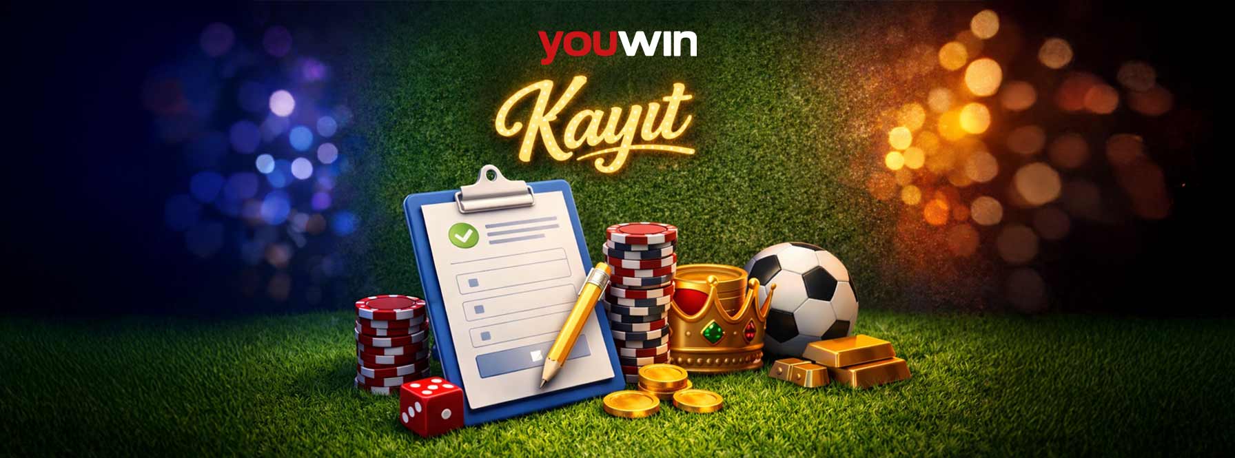 Youwin Kayıt görseli, üyelik formu, kalem, casino çipleri ve kayıt işlemleri teması