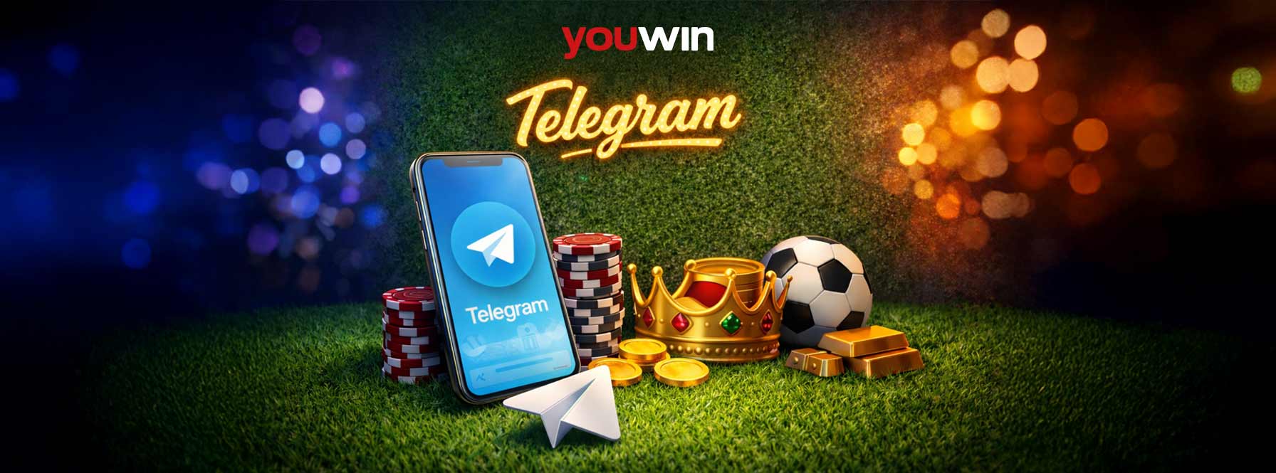 Youwin Telegram görseli, Telegram uygulaması, casino çipleri, taç ve iletişim teması